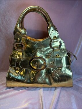 RARE Braccialini Gold Metallic Leather Auto Print Satchel | Collectible 🇮🇹